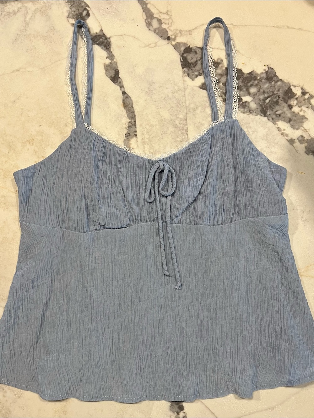 Sienna Sky Light Blue Crinkle Tank Top with Lace Trim
